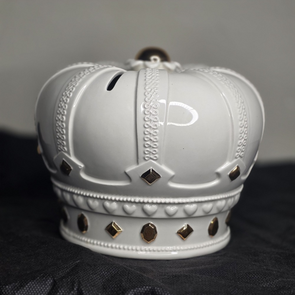 Hallmark Ceramic Crown Coin Bank White and Gold Glazed Baby Pennybank Royalty